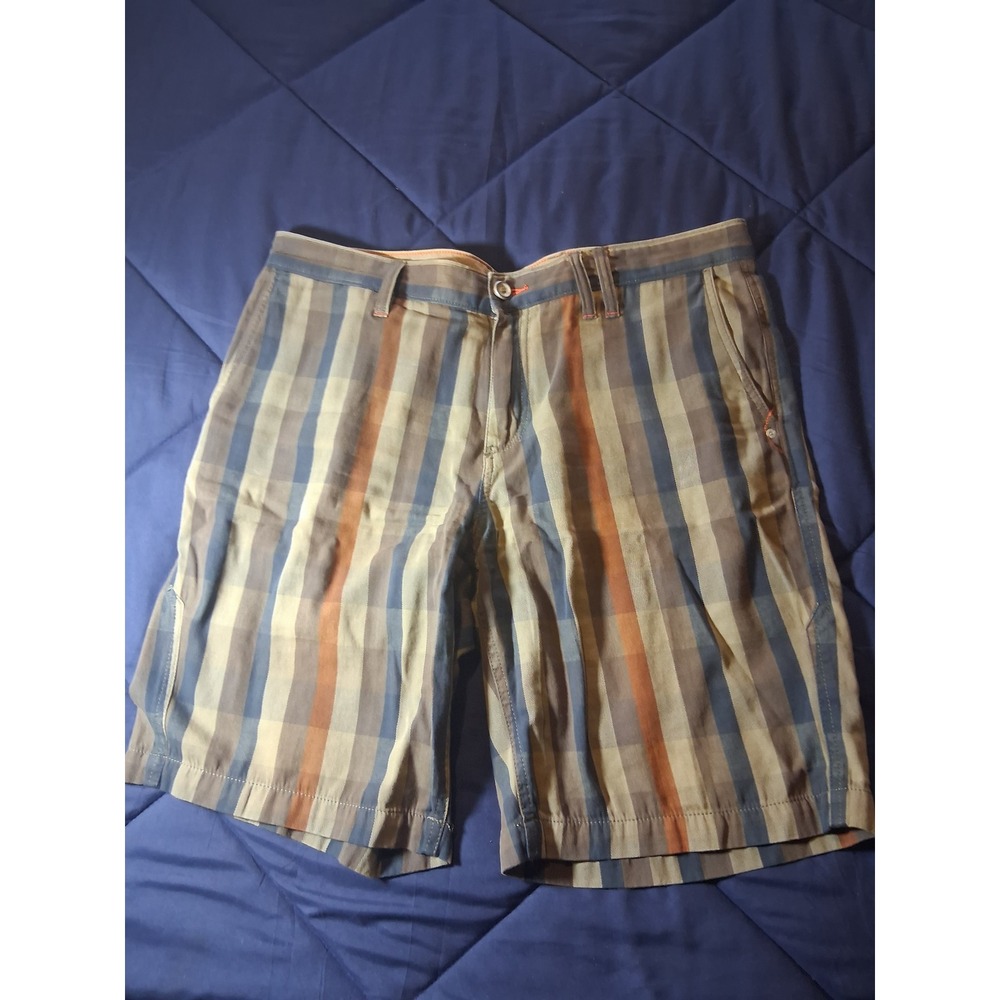 Mens Plaid Striped Casual‎ Shorts Brown Blue Orange Size 36 Flat Front